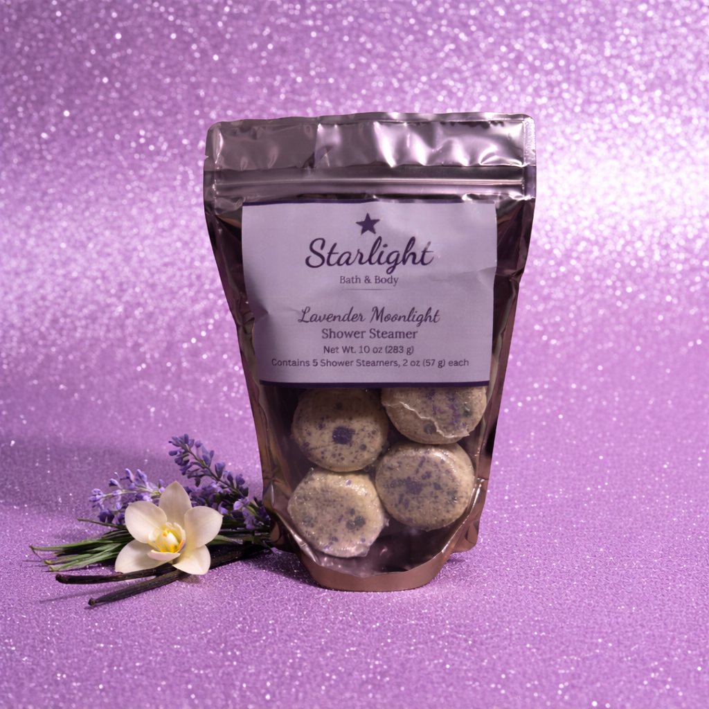 Starlight Bath & Body lavender shower steamers on a purple background
