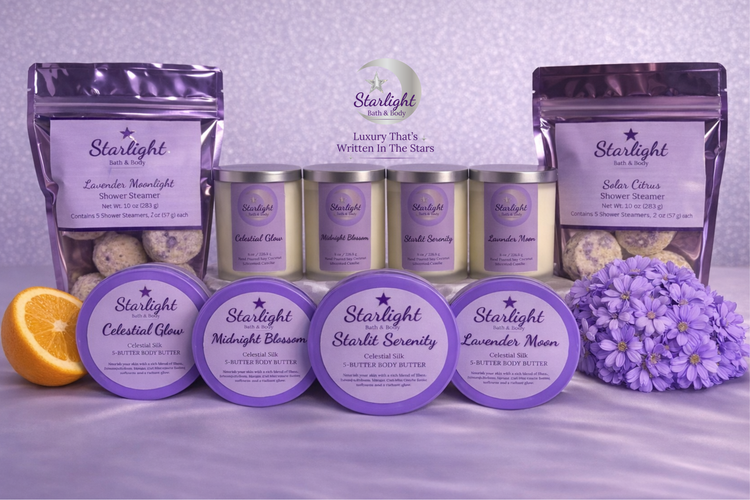 A picture of all of Starlight Bath & Body' Products