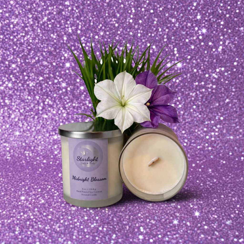 Candle with floral arrangement on a glittery purple background