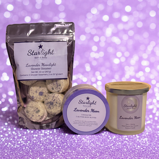 Starlight bath and body products, including a bag of shower steamers, body butter, and a candle on a purple glittery background.