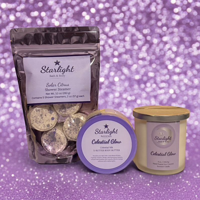 Starlight bath and body products on a purple glittery background